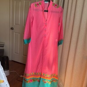 Vibrant Pink & Teal Embroidered Maxi Tunic